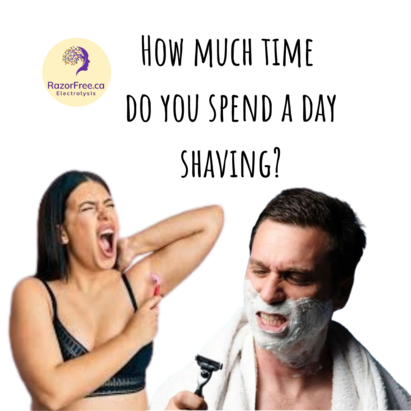 Woman in bra, shaving her armpit, with look of pain on her face from shaving, man with towel draped over shoulders, shaving cream on face, grimacing at razor