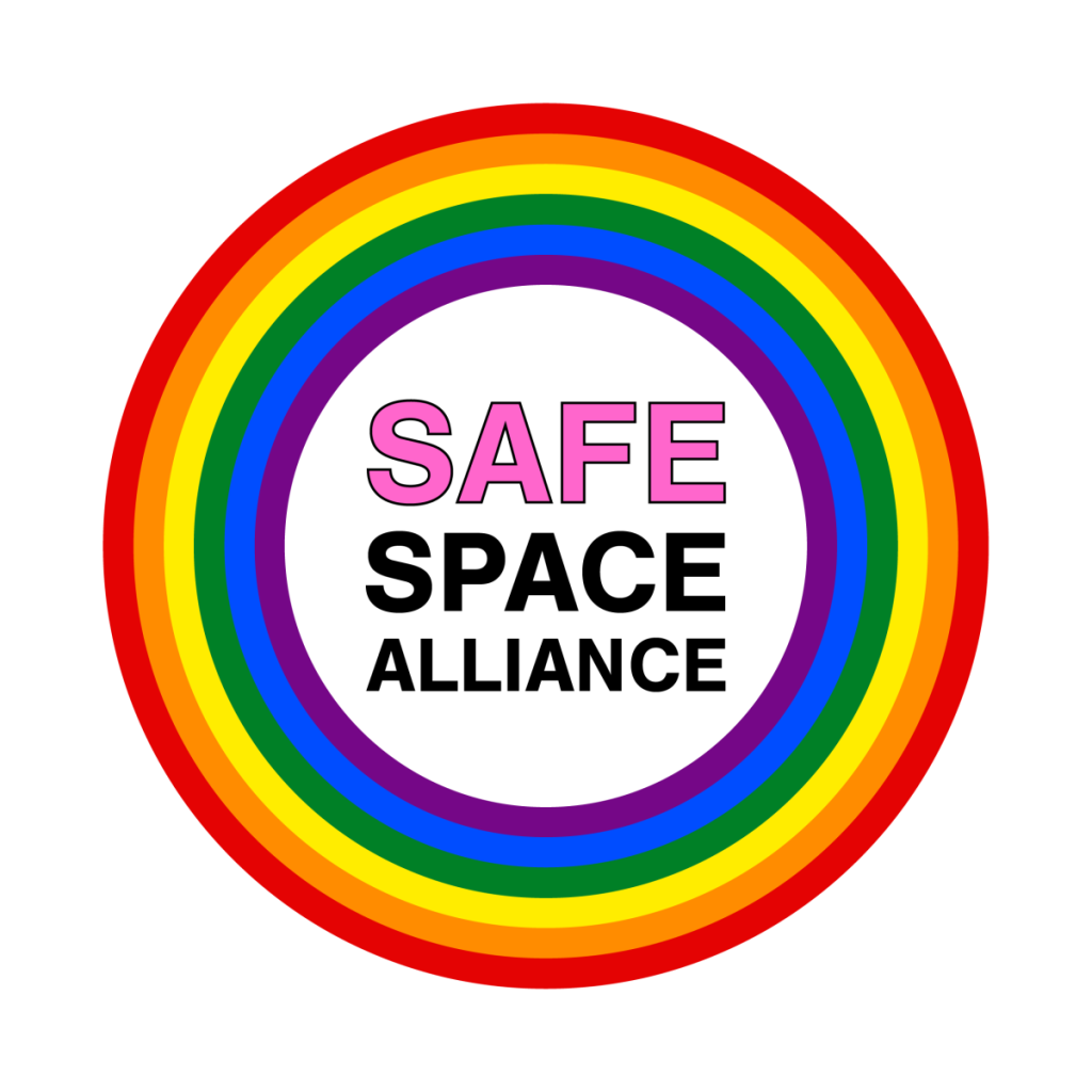 Safe Space Alliance logo - rainbow colours in a complete circle around the words