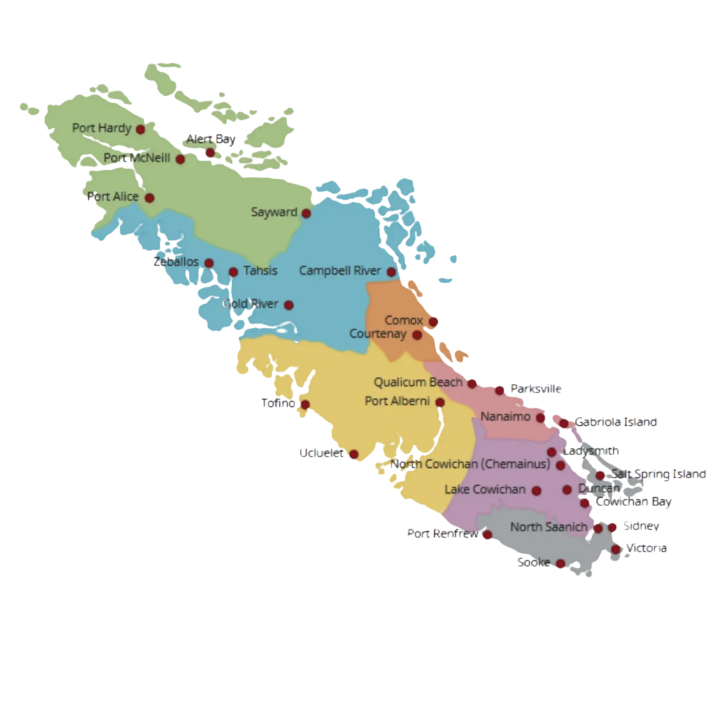 Map showing electrolysis service areas across Nanaimo and Vancouver Island